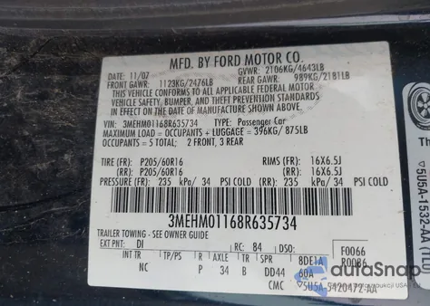 2008 Mercury Milan V6 from USA, damaged, VIN 3MEHM01168R635734